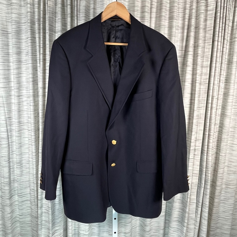 Brooks Brothers Brooksease Mens 43R Navy Blue Wool Gold Crest Button Blazer Coat